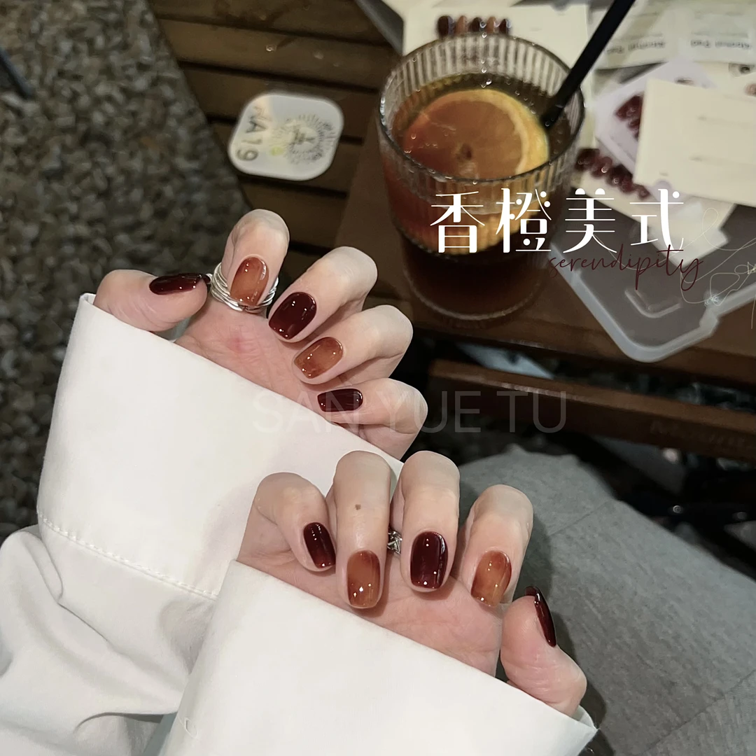 香橙美式-三月兔手工穿戴式流行冰透猫眼穿戴甲流行色可穿戴定制