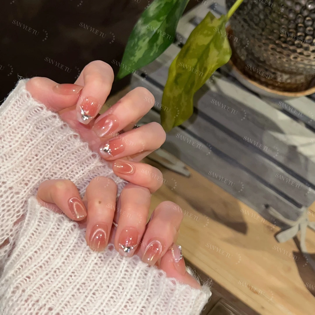 桃色芙蓉-三月兔手工穿戴式温柔指甲贴ins贴钻穿戴甲渐变简约