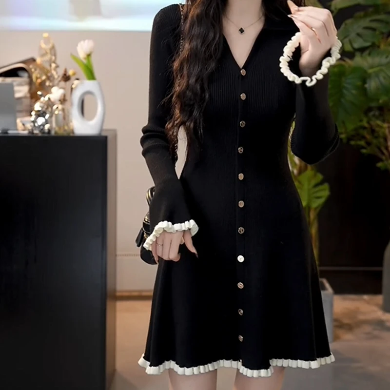 【落日藏匿】法式气质黑色2024年秋冬新款显瘦收腰显瘦针织连衣裙女