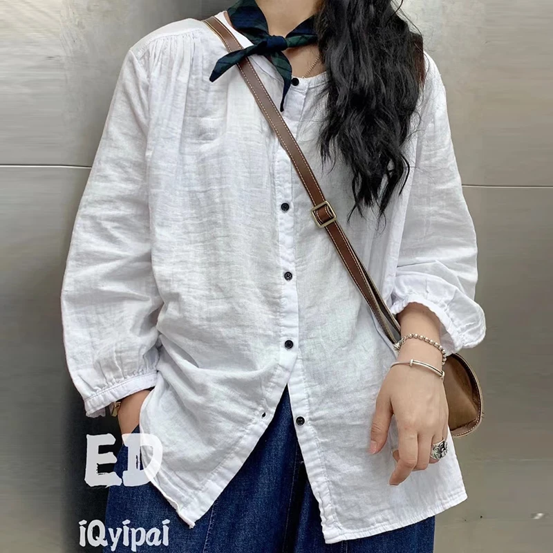 白色长袖衬衫女秋季新款休闲百搭宽松双层棉纱上衣外穿设计感衬衣