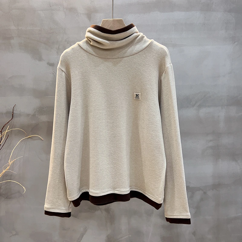 秋冬新款假两件套拼色撞色高领德绒打底衫长袖加厚保暖T恤女上衣