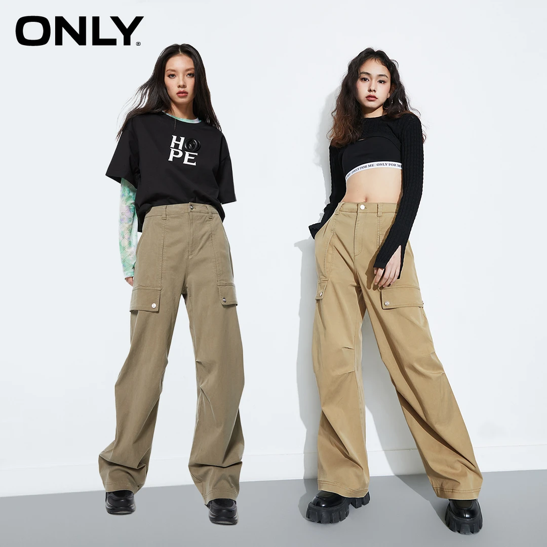 ONLY春夏新款时尚运动百搭宽松弹力工装裤直筒裤女|123314005