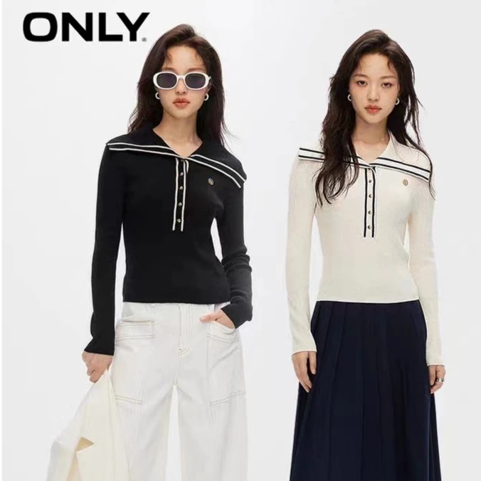 ONLY2023新款风气质翻领修身短款长袖针织衫女|123313002