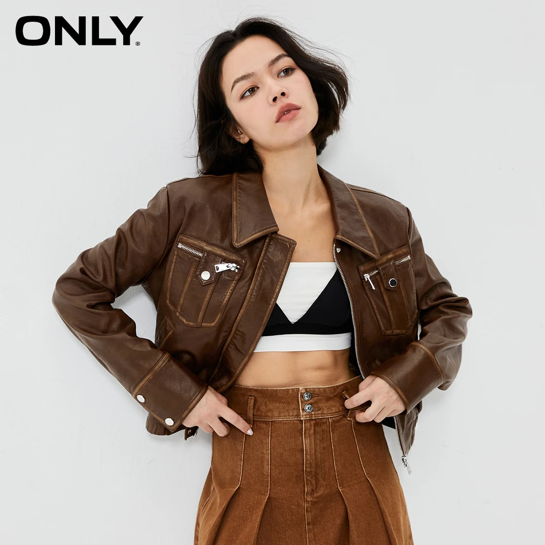 ONLY早秋新款小众潮酷翻领机车街头风短款PU夹克外套女|1234PU011