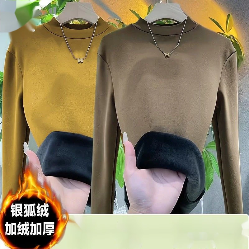 啄木鸟秋冬新款立领保暖银狐绒长袖T恤百搭纯色一体绒御寒保暖衫