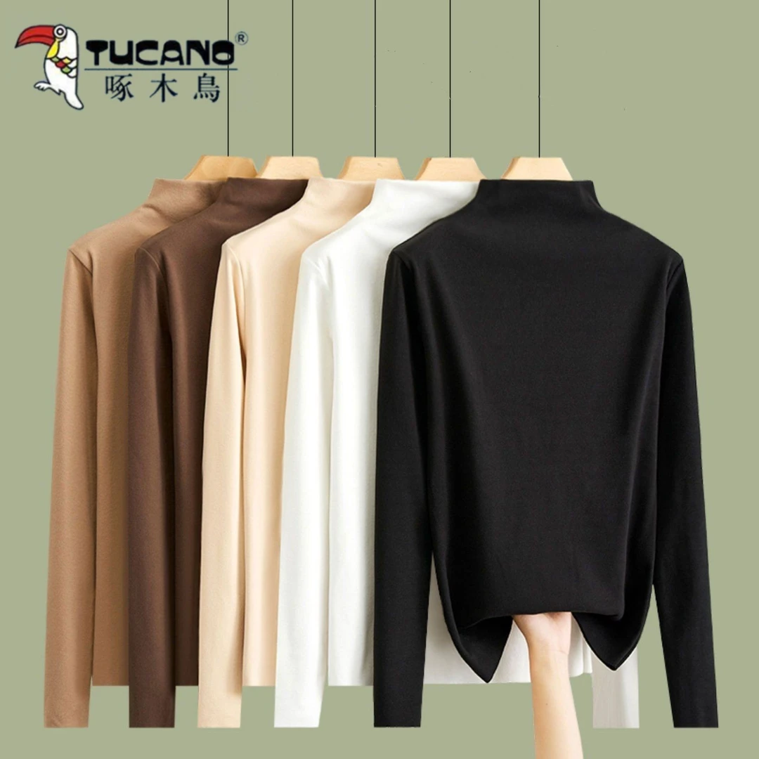 啄木鸟半高领德绒打底衫秋冬女内搭新款加绒加厚外穿洋气长袖上衣