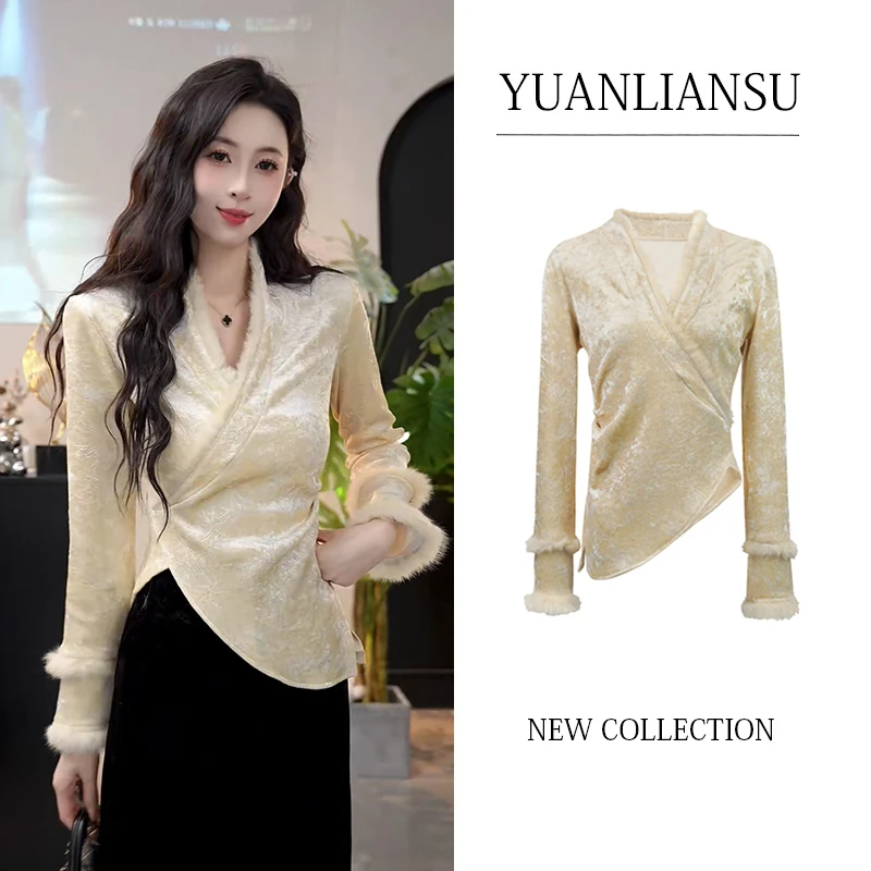 YUANLIANSU/圆脸酥【甜橙微醺】新中式浮雕丝绒加绒显瘦毛毛衬衫女