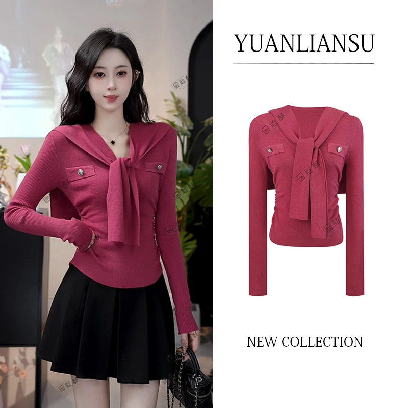 YUANLIANSU/圆脸酥【月光诗集】韩系学院风V领上衣+针织披肩两件套