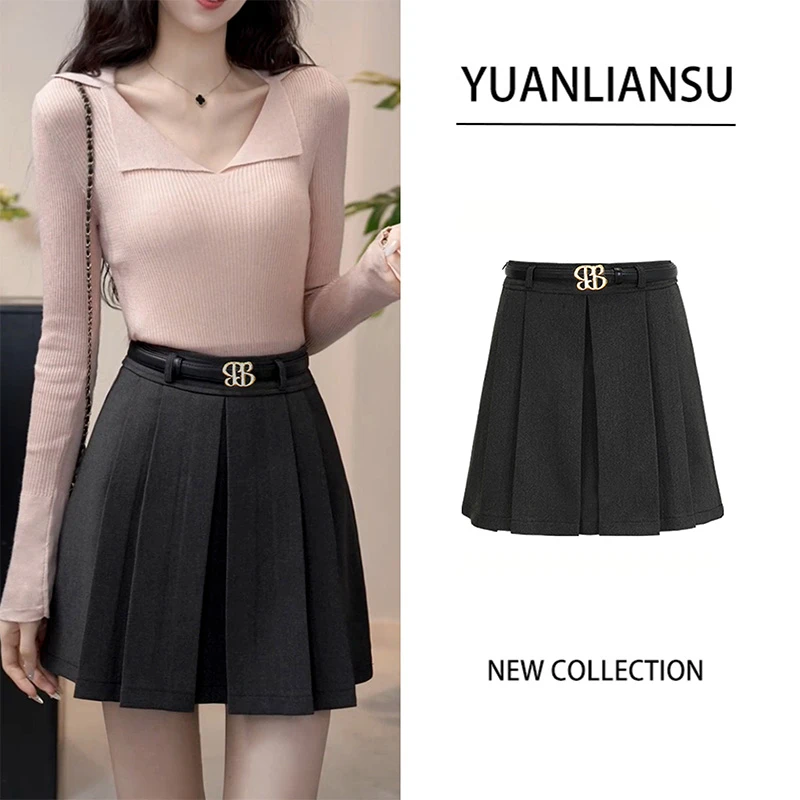 YUANLIANSU/圆脸酥【西野以奈】高腰显瘦A字百褶短裙百褶裙子女