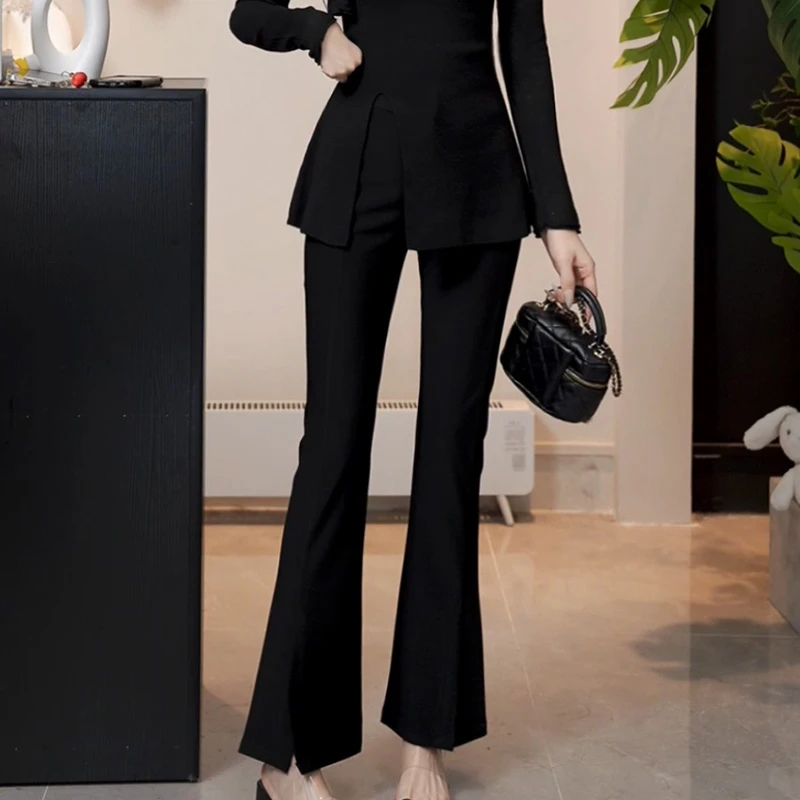 YUANLIANSU/圆脸酥【星辰】新款高腰垂感黑色开叉微喇叭阔腿裤子女