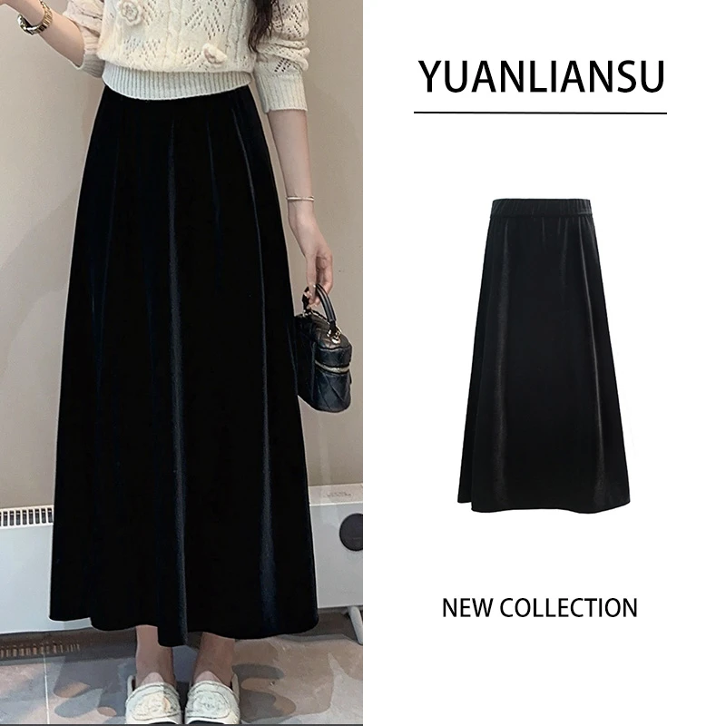 YUANLIANSU/圆脸酥【淡墨城忆】时尚秋冬气质黑色丝绒显瘦A字半身裙