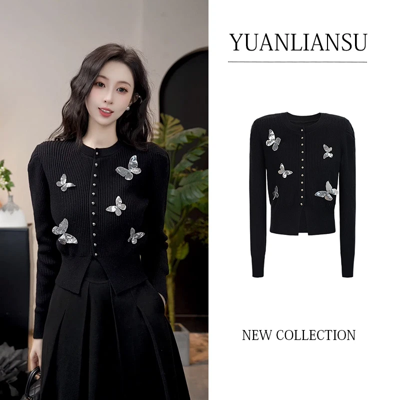 YUANLIANSU/圆脸酥【蝶影幻梦】小香风名媛立体蝴蝶结黑色针织衫女