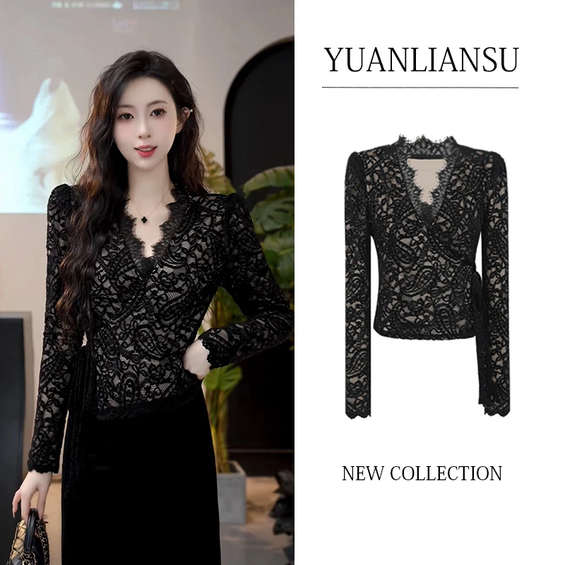 【现货】【沉寂曙光】法式气质小众黑色修身显瘦蕾丝衫