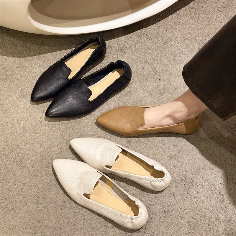 头层牛皮平底小单鞋女2024年夏季新款软底尖头休闲百搭舒适鞋
