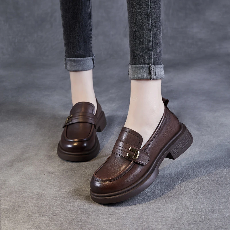 时尚真皮厚底休闲乐福鞋2024年春秋新款百搭圆头英伦粗跟鞋838