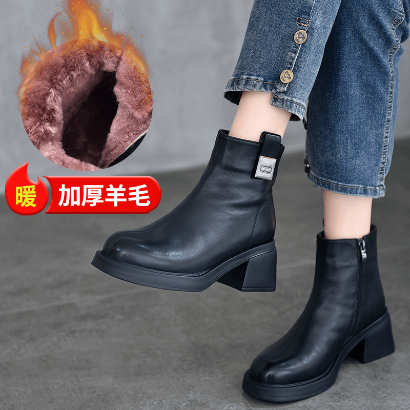 冬季保暖绵羊毛靴真皮粗跟短靴女头层牛皮高跟鞋2023秋冬瘦瘦靴