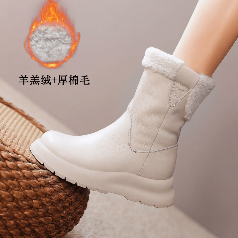 23冬加厚毛毛女靴中筒靴头层牛皮羊羔绒大棉靴厚底坡跟保暖雪地靴
