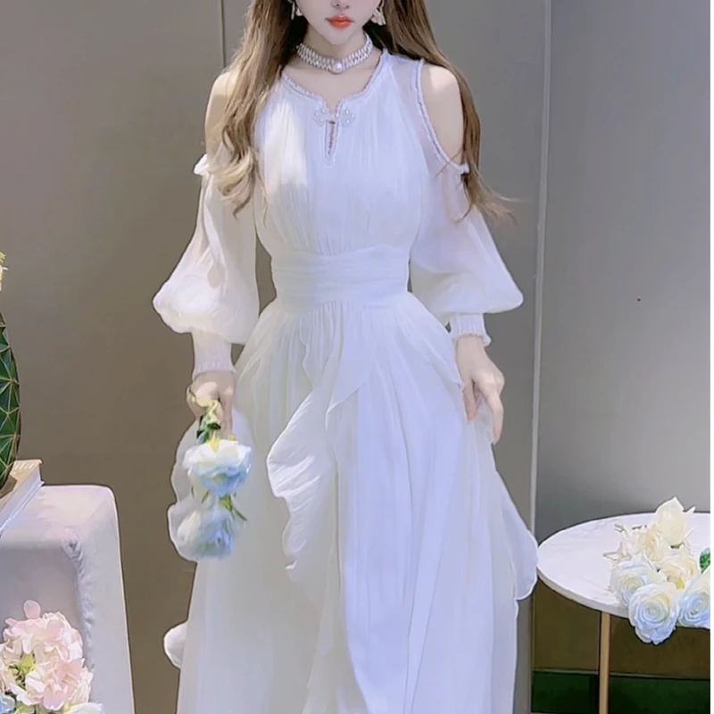 霞霞8605秋装露肩连衣裙气质修身收腰仙女裙氛围感裙子长裙