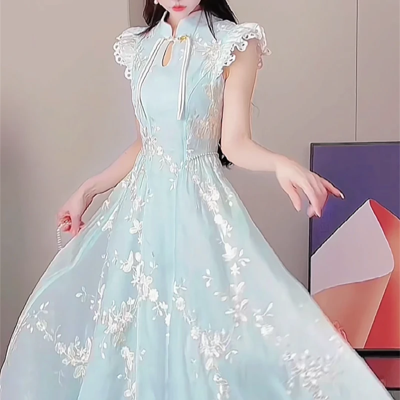 霞霞88135夏季新款法式小飞袖仙女裙气质修身高腰女装连衣裙66