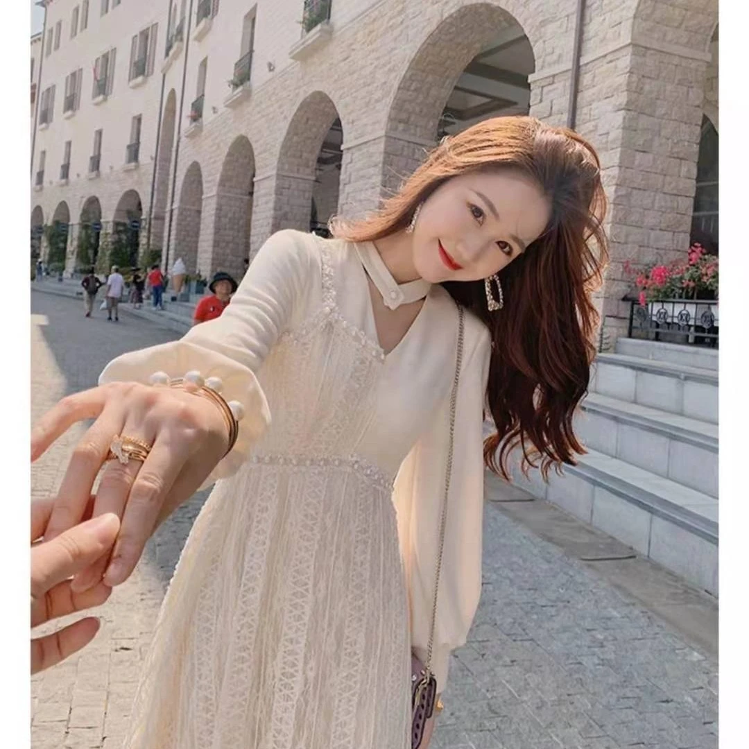 霞霞376秋冬重工领串珠女装连衣裙拼接法式显瘦气质裙子