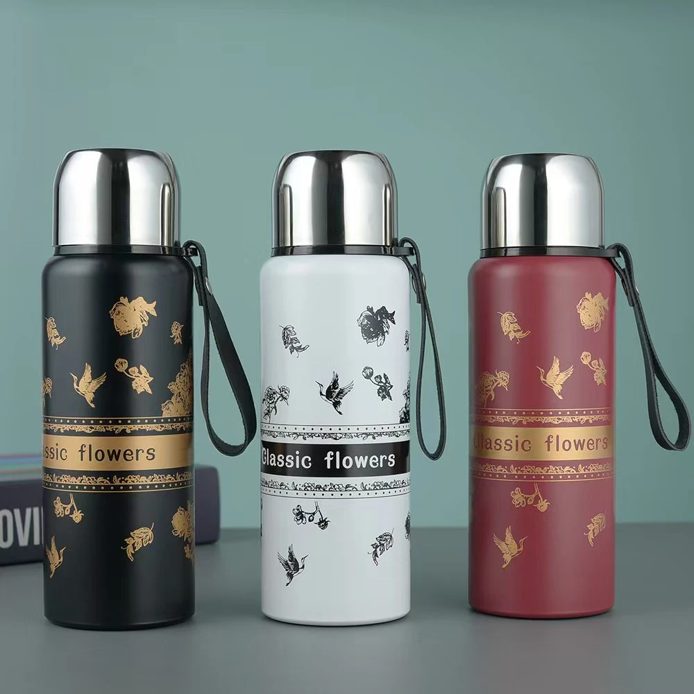 高档商务印花钢盖杯盖两用提绳式保温杯600毫升