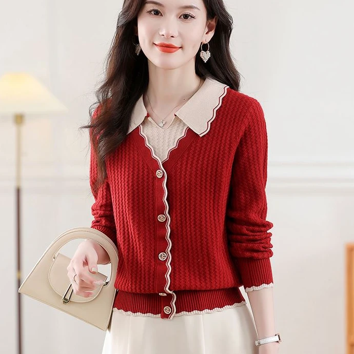 啄木鸟假两件上衣女时尚秋冬新款洋气短款针织打底衫娃娃领毛衣