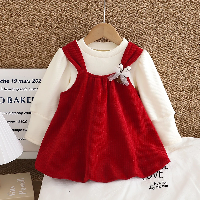女童连衣裙冬季2024新款洋气时髦儿童加绒过年公主裙女孩套装裙子