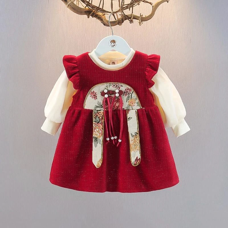 洋气女童连衣裙套装周岁宝宝春装拜年礼服抓周宴生日儿童公主裙潮