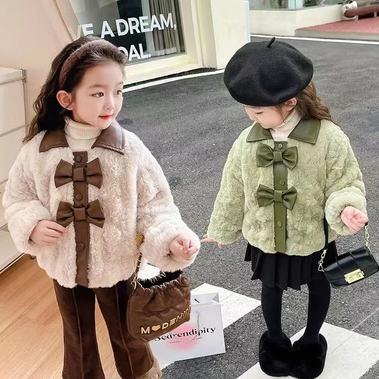 女童毛毛衣外套秋冬装2024新款宝宝蝴蝶结夹棉加厚冬季洋气儿童装