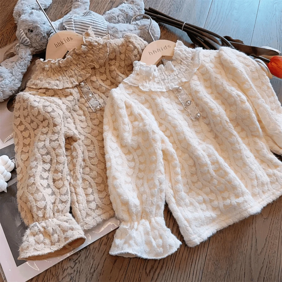小女孩儿童冬装小香风甜美花边半高领加厚夹绒保暖上衣蕾丝打底衫