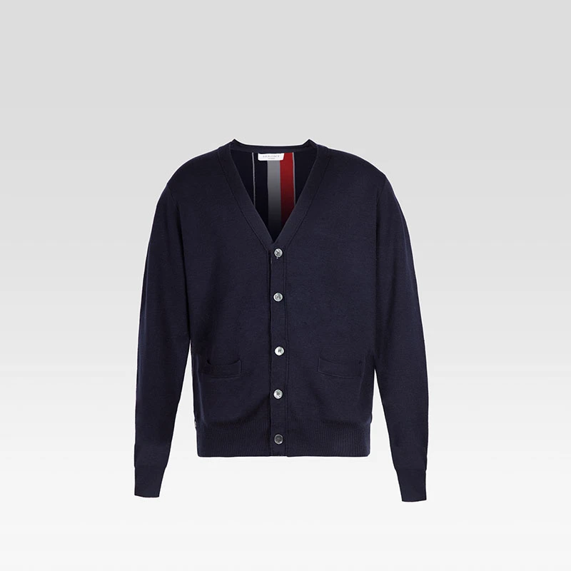 意卡伦萨 彩色织带开衫男款蓝色贝壳扣时尚休闲毛织开衫SM11191