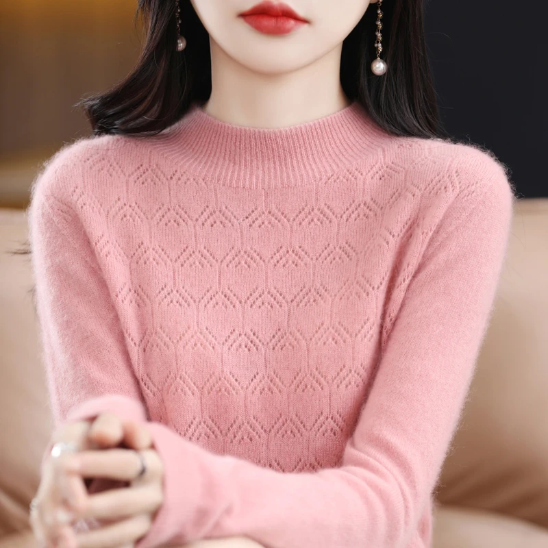 菱形镂空半高领羊毛衫女纯色针织衫宽松打底衫外穿套头毛衣百搭