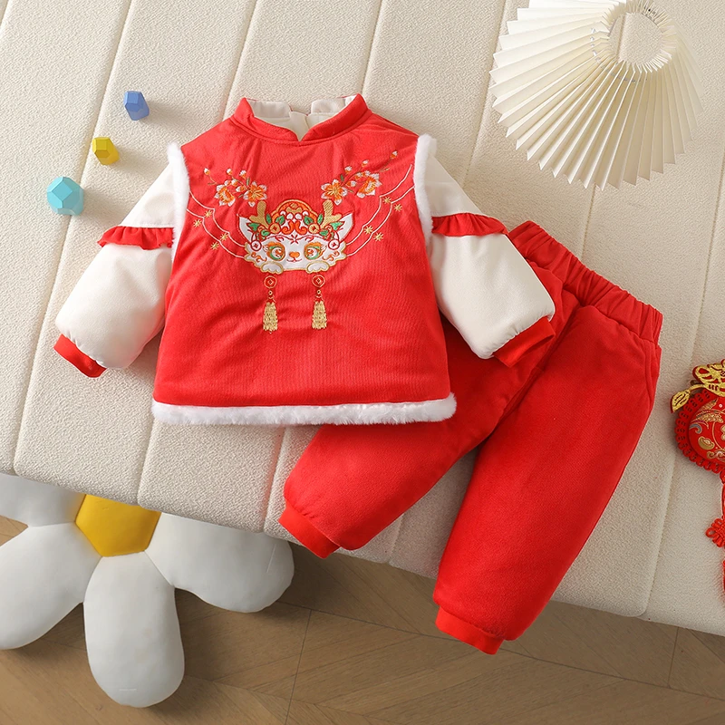 冬季宝宝加绒加棉加厚中国红喜庆百天周岁服立领龙娃拜年服套装