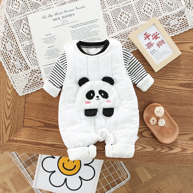 婴儿宝宝连体衣加绒保暖熊猫宽肩绗棉哈衣连体衣