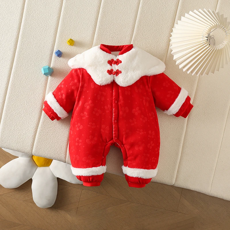 婴儿冬装喜庆女宝宝外出披肩毛领厚棉满月公主连体衣冬季爬服