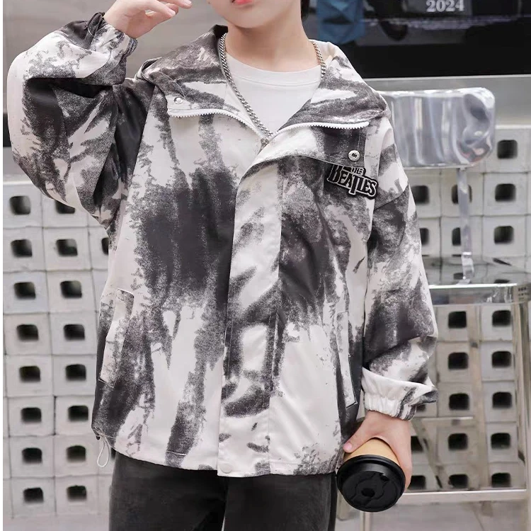 24款秋季长袖连帽外套中大童春装数码印花夹克潮流 数码印花风衣