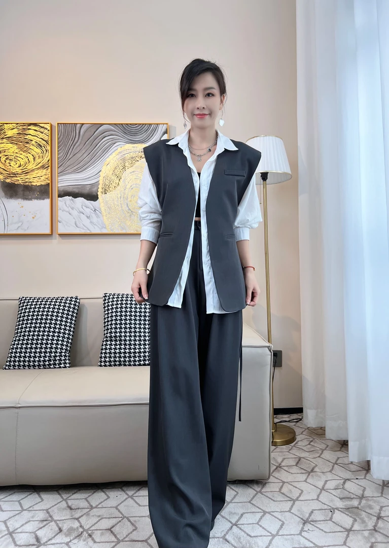 （清）老钱风阔腿裤时尚套装2024春秋季新款/韩版宽松无袖气质显瘦