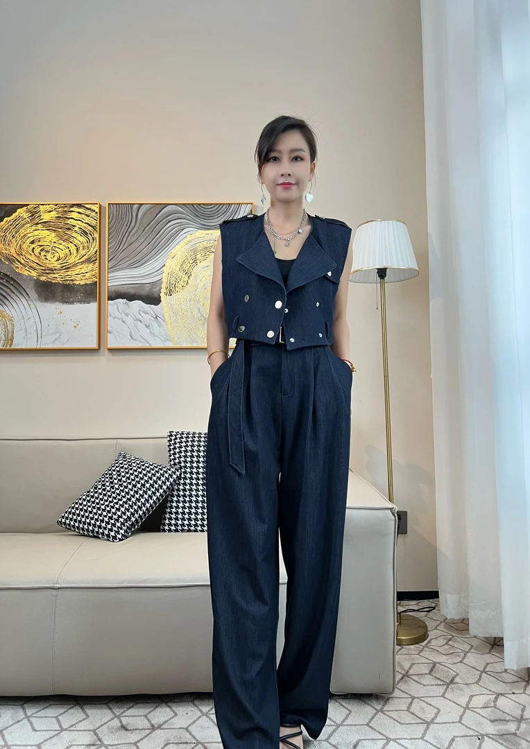 （清）垂感阔腿裤马甲套装春季无袖牛仔套装/时尚气质抗皱垂坠感