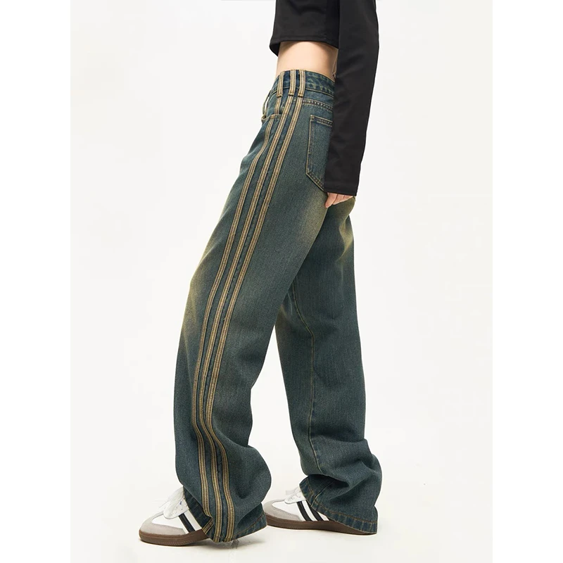 美式街头水洗条纹阔腿牛仔裤新款复古ins运动宽松直筒裤子 2350