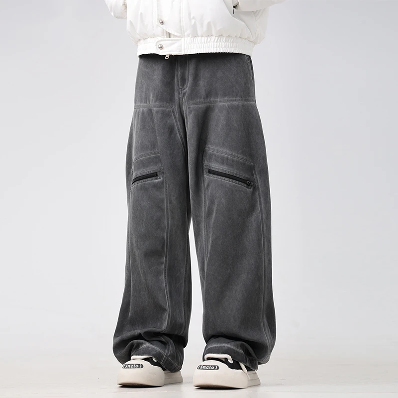 欧美秋冬潮牌做旧垂感阔腿男女士帅气宽松休闲工装裤