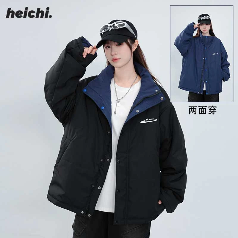 黑迟原创冬季新款加厚两面穿棉服外套男女宽松百搭情侣休闲棉衣