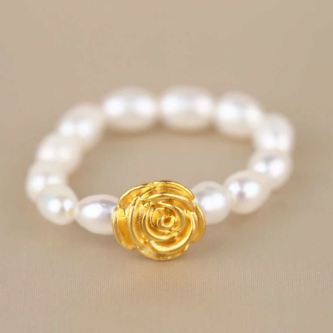 足金999玫瑰花穿珍 珠 戒指@@A103