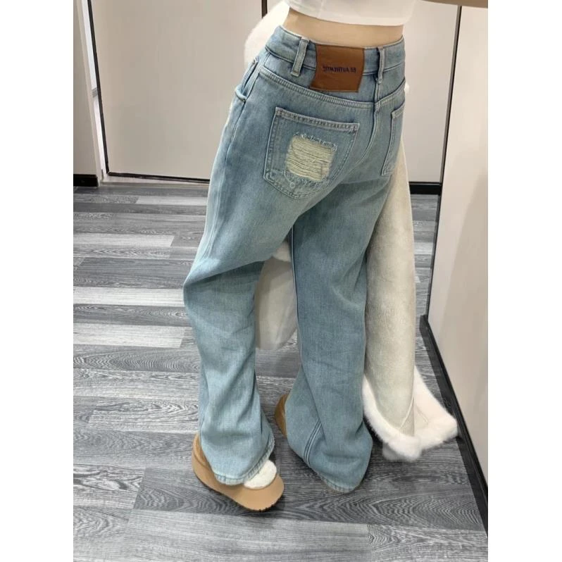 冬季复古时尚牛仔裤女2023新款美式高腰显瘦设计感抗皱阔腿裤高街