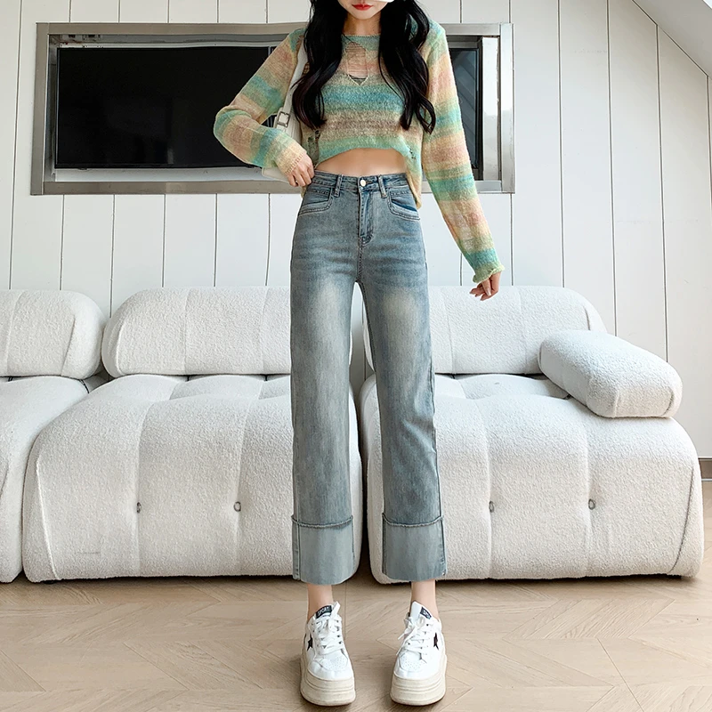 卷边烟管牛仔裤女2024夏季新款高腰显瘦浅色直筒裤小个子