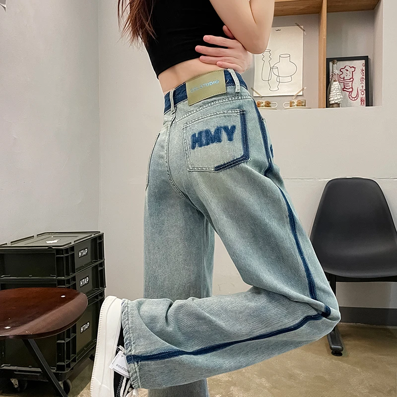 直筒阔腿裤撞色设计感牛仔裤女夏季2024新款高腰显瘦百搭