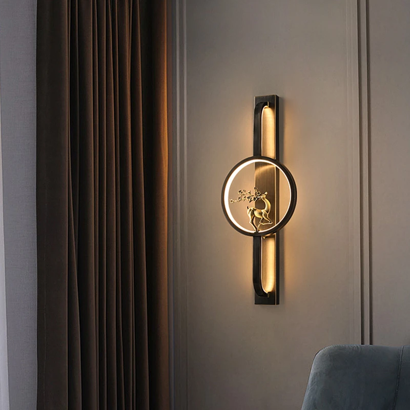 客厅新中式全铜壁灯轻奢电视背景墙灯卧室床头壁灯书房鹿头过道灯