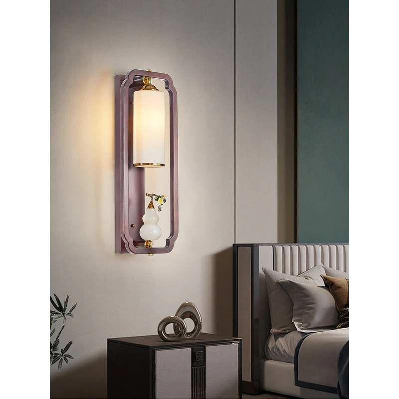 【珐琅彩】新中式全铜橡木壁灯中国风禅意客厅背景墙灯卧室床头灯