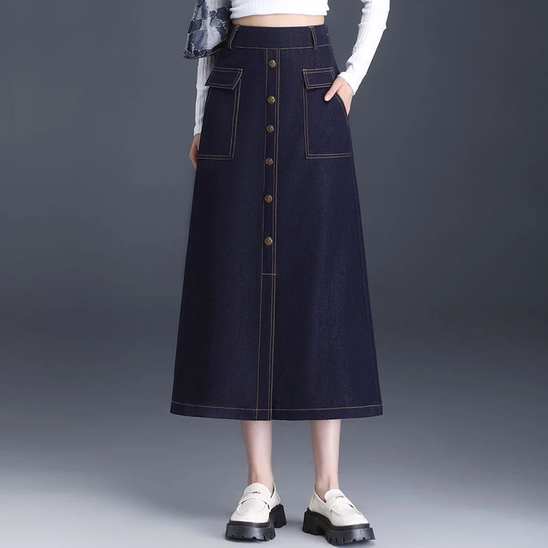 时尚牛仔半身裙女款新款a字裙气质遮肚子屁股中长款秋季高腰长裙