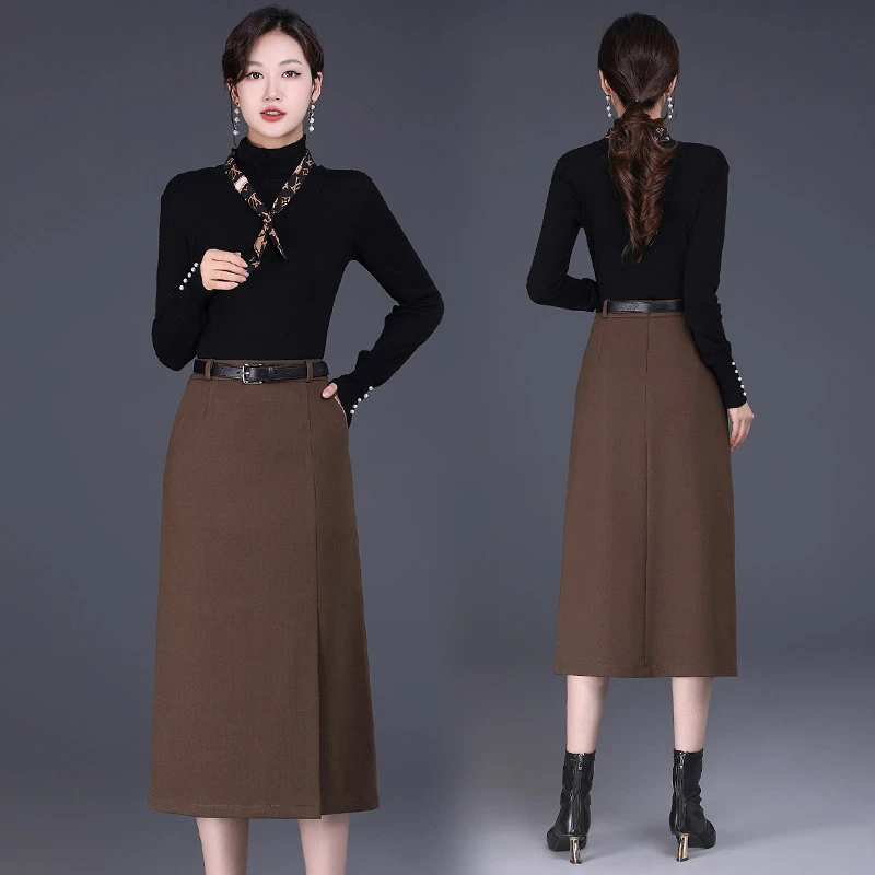 显瘦半身裙女秋冬2023新款高腰半身毛呢裙中长款开叉一步包臀裙子