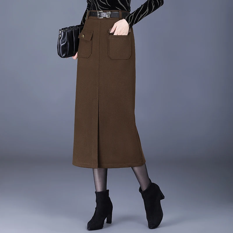 时尚显瘦半身裙冬季长款开叉新款半身毛呢裙秋冬高腰直筒包臀裙子